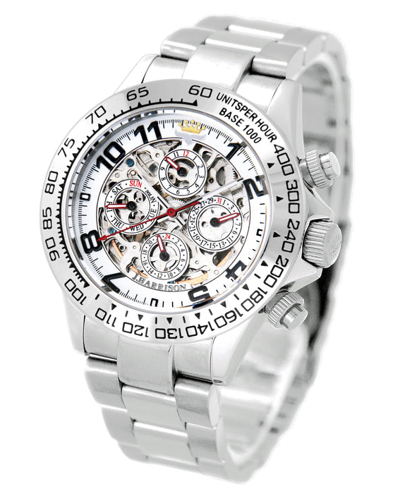 John Harrison Watch JH-003SW Men's Silver Stainless Steel Band Case Skeleton NEW_1