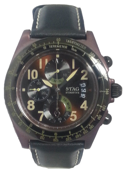 STAG Watch STG006B1 Men's Black Leather Band Stainless Steel Case Date Indicator_1