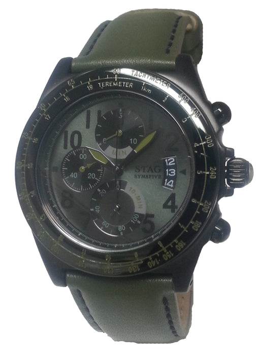 STAG Watch STG006B2 Men's Green Leather Band Stainless Steel Case Chronograph_1