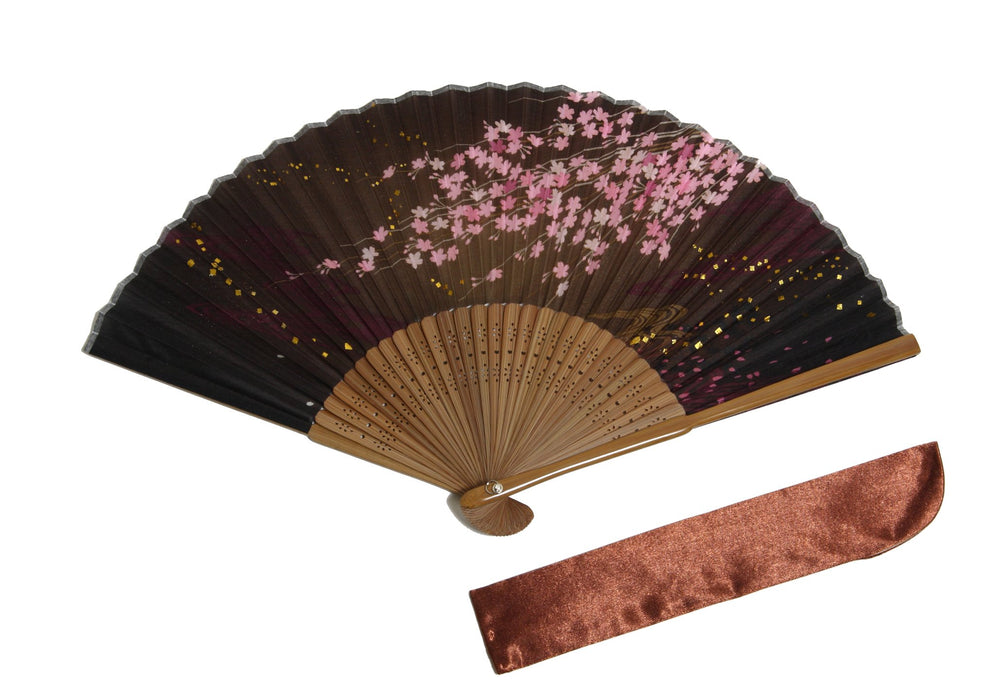 HASEGAWA JAPANESE FOLDING FAN SENSU HANDMADE SAKURA BLACK SILK w/Case ka23131016_1
