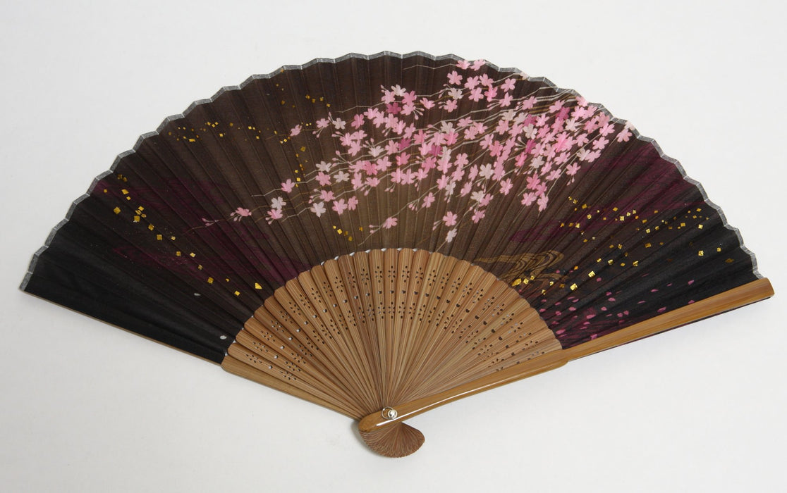 HASEGAWA JAPANESE FOLDING FAN SENSU HANDMADE SAKURA BLACK SILK w/Case ka23131016_2