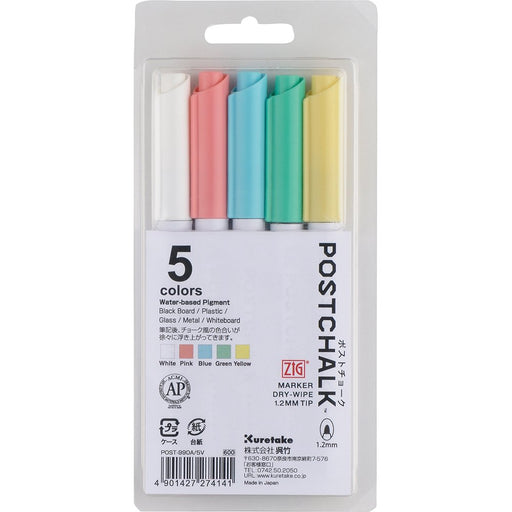 Kuretake POSTCHALK Dry-Wipe 1.2mm Tip Water-based Marker 5 Colors ‎POST-990A/5V_1