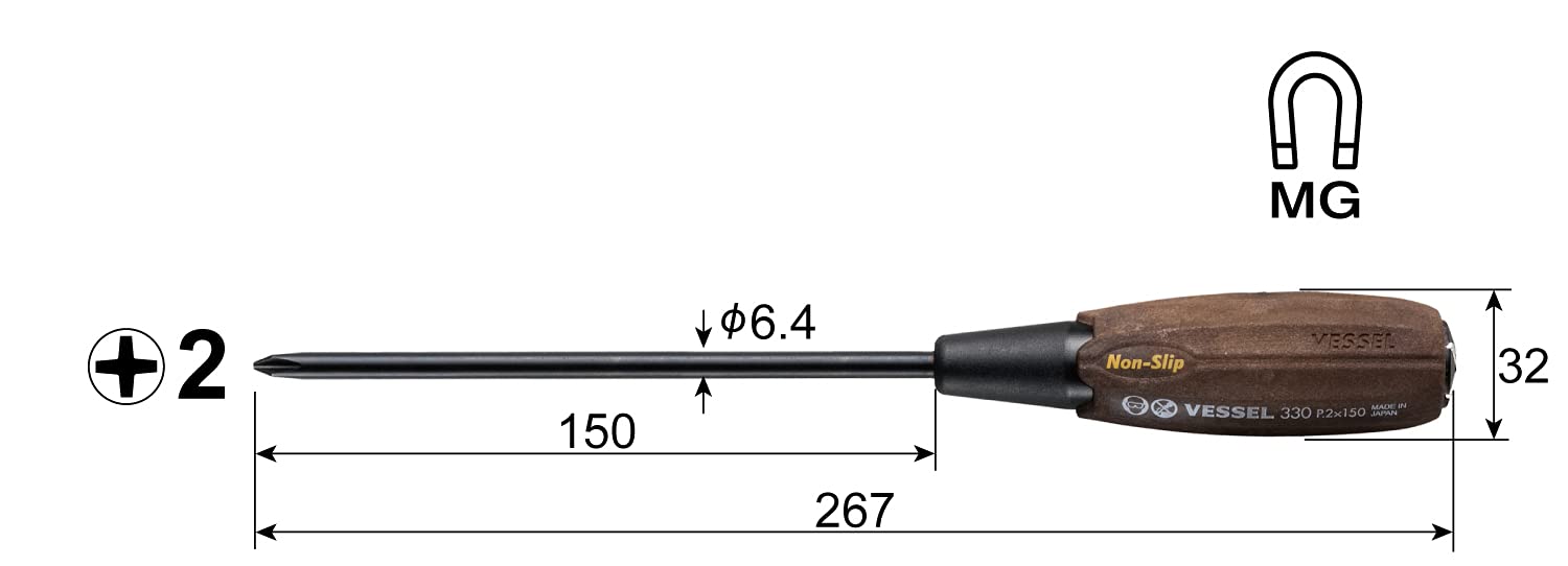 VESSEL Wood Compo Tang-Thru Screwdriver Woody B-330 +2x150 267mm Made in Japan_2