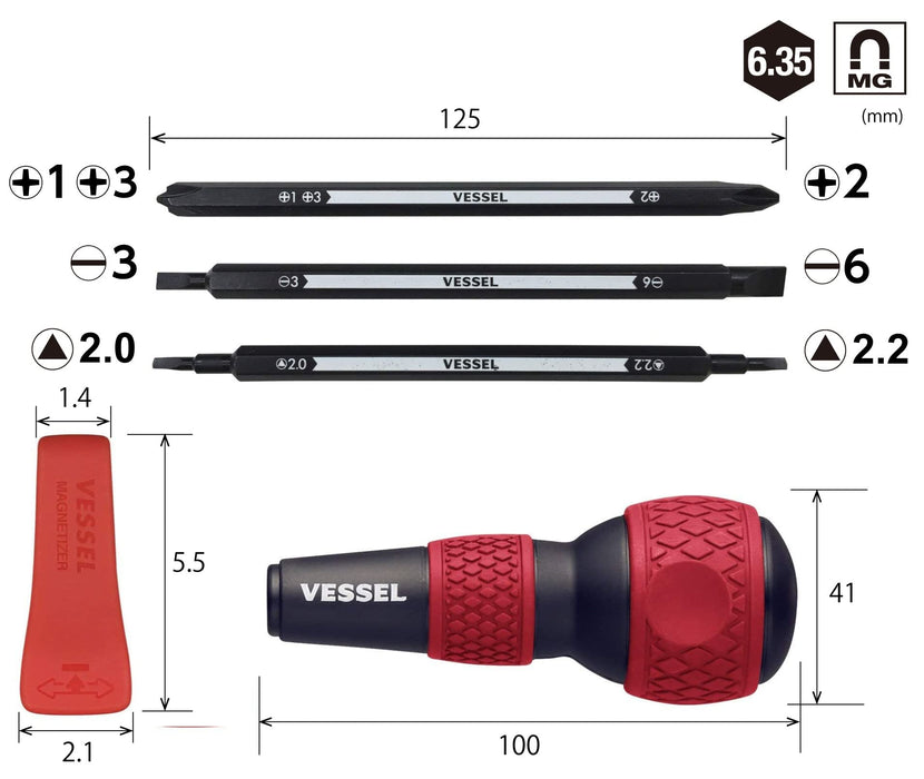 VESSEL PROKON Ball Grip Screwdriver set 220W-BC3A Made in JAPAN Black/Red NEW_2