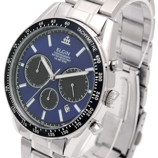 ELGIN Watch FK1401S-BL Men's Silver Stainless Steel Band, Case Date Indicator_2