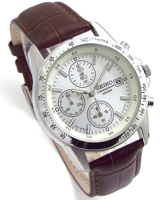 SEIKO Watch Chronograph White Deep Brown Silver SND363P1-DB Leather Band NEW_1