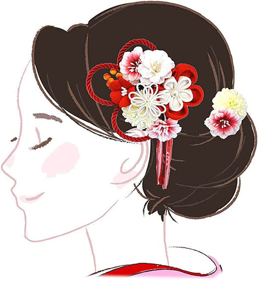 Hair ornament Set of 2-piece kk-077 Red Chirimen Tsumami crafts Made In Japan_1