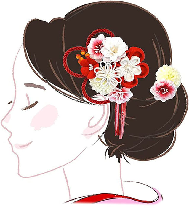 Hair ornament Set of 2-piece kk-077 Red Chirimen Tsumami crafts Made In Japan_1