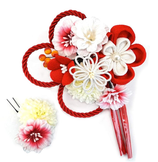 Hair ornament Set of 2-piece kk-077 Red Chirimen Tsumami crafts Made In Japan_2