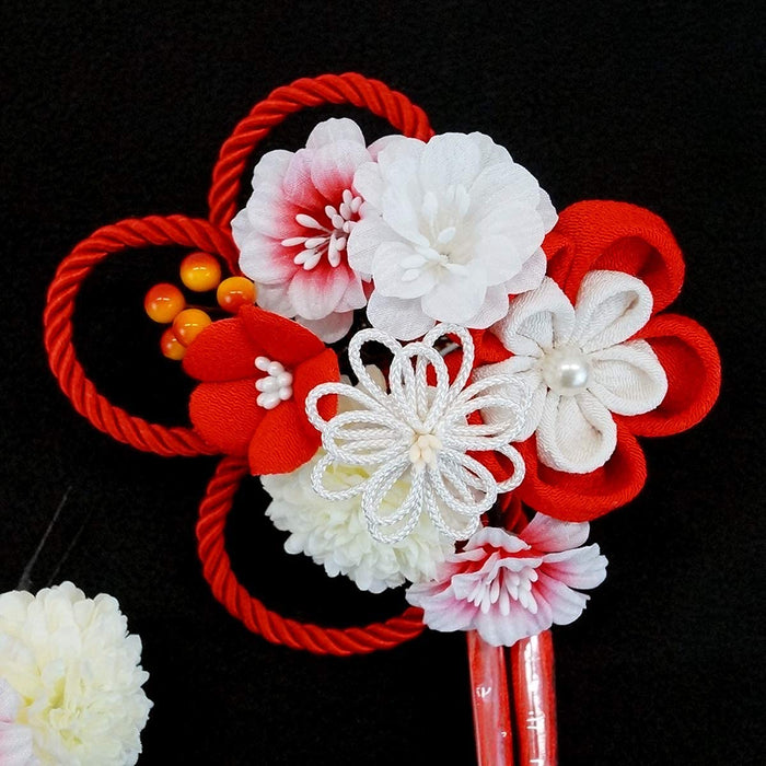 Hair ornament Set of 2-piece kk-077 Red Chirimen Tsumami crafts Made In Japan_3
