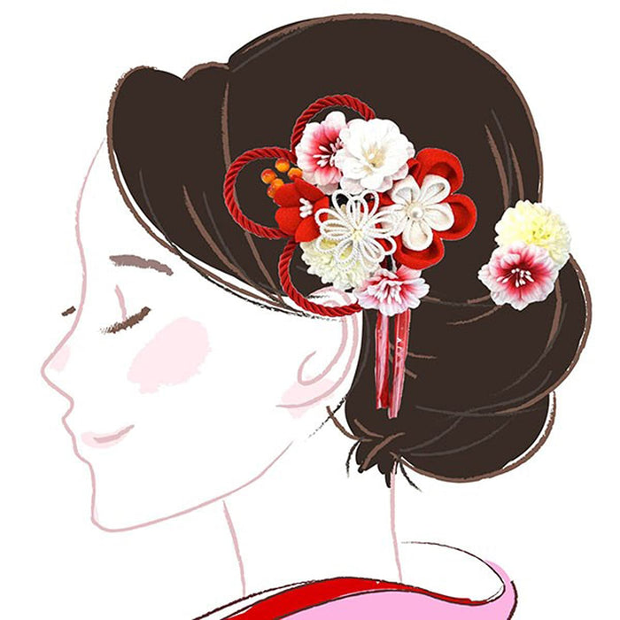 Hair ornament Set of 2-piece kk-077 Red Chirimen Tsumami crafts Made In Japan_7