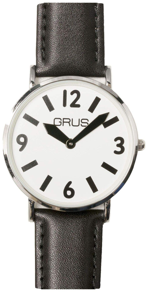 GRUS Watch GRS006-01 Men's Black Leather Band Silver Metal Case D Buckle NEW_1