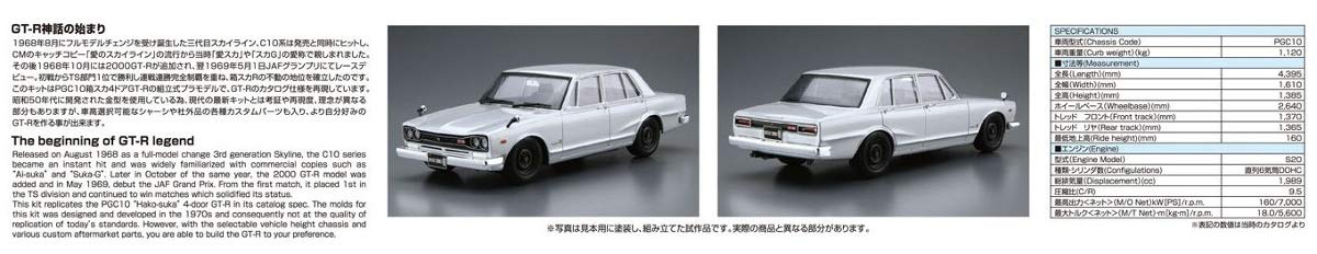 AOSHIMA 1/24 The Car Series No.45 Nissan PGC10 Skyline 2000GT-R 1970 Model Kit_6
