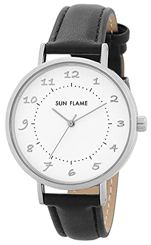 SUN FLAME Watch MJG-B26 MJG-B26-BK Black Faux Leather Band Alloy Steel Case NEW_1