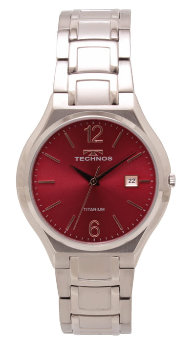 TECHNOS Watch T9B45IR Men's Silver Titanium Band Case Red Dial Date Indicator_1