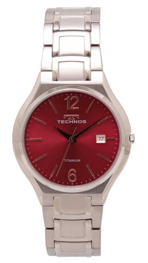 TECHNOS Watch T9B45IR Men's Silver Titanium Band Case Red Dial Date Indicator_1