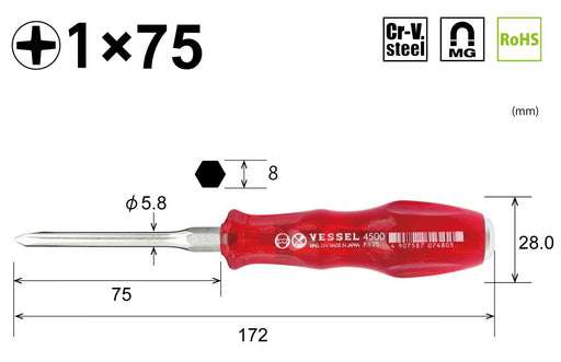 VESSEL Power Grip screwdriver +1×75 4500 Plastic Handle Philips L172mm NEW_2