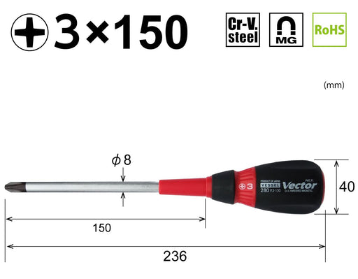 VESSEL Vector Penetration Driver Large Diameter Grip +3x150 B-280 Magnetic NEW_2