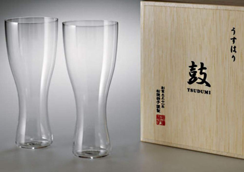 Shotoku Glass TSUDUMI Usuhari Beer Glass Set of 2 Thin Glass in Wooden Box NEW_1