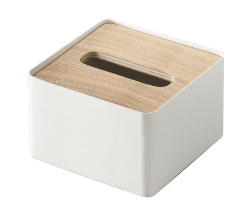 Yamazaki tissue case with Lid Rin S Natural 7732 Wood Lid, Steel Body White NEW_1