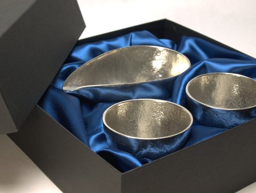 NOUSAKU Sake Cup x 2 Sake pitcher x 1 set Silver 100% Tin Handmade by craftsmen_1
