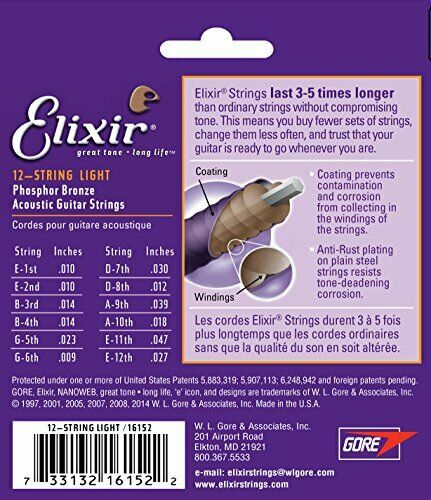 Elixir Elixir Acoustic Guitar Strings NANOWEB Phosphor Bronze 12-string Lig NEW_2