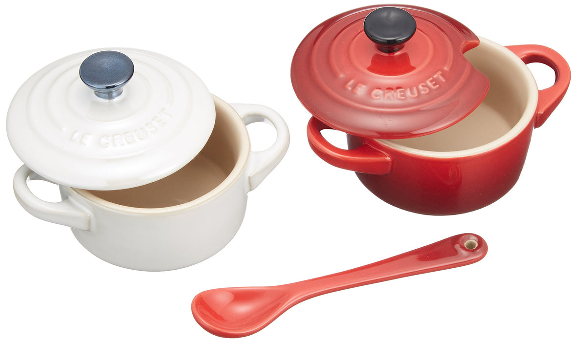 Le Creuset Pair Petite Cocotte Cherry Red & White Raster Set + Spoon White Red_1