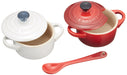 Le Creuset Pair Petite Cocotte Cherry Red & White Raster Set + Spoon White Red_1