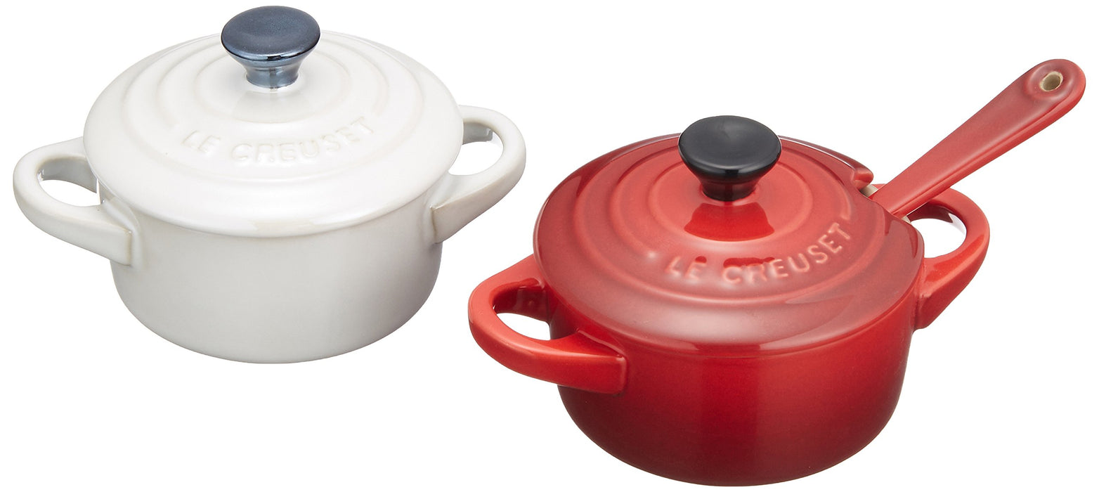 Le Creuset Pair Petite Cocotte Cherry Red & White Raster Set + Spoon White Red_2