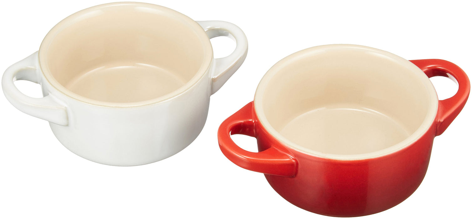 Le Creuset Pair Petite Cocotte Cherry Red & White Raster Set + Spoon White Red_4