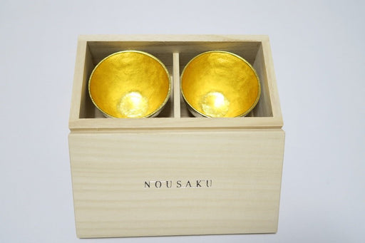 Japanese 100% Pure Tin Pair Sake Cup Gold Leaf Wood Box Nousaku 60cc 62xH43mm_1