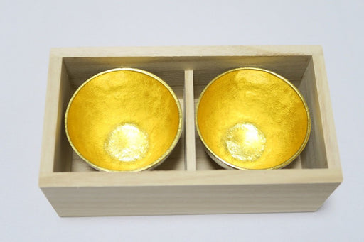 Japanese 100% Pure Tin Pair Sake Cup Gold Leaf Wood Box Nousaku 60cc 62xH43mm_2