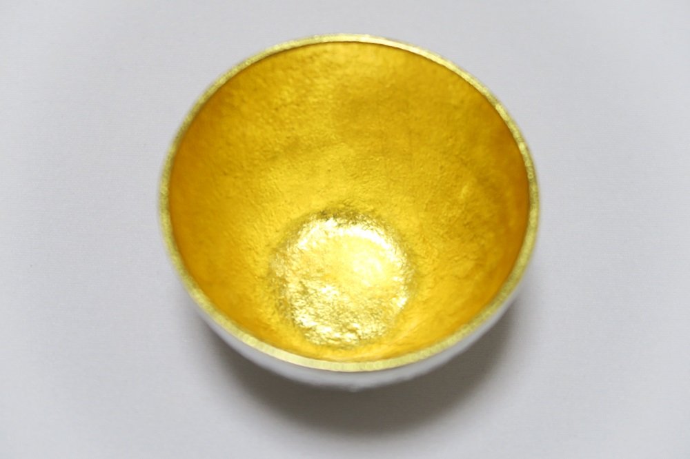 Japanese 100% Pure Tin Pair Sake Cup Gold Leaf Wood Box Nousaku 60cc 62xH43mm_5