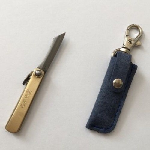 Higonokami Mini Folding Knife Aogami-Steel Brass with Blue Leather Case NEW_1