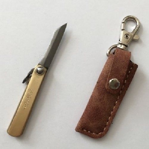 Higonokami Mini Folding Knife Aogami-Steel Brass with Brown Leather Case NEW_1