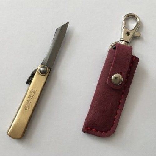 Higonokami Mini Folding Knife Aogami-Steel Brass with Red Leather Case NEW_1