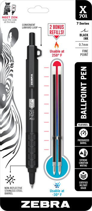 Zebra X-701 Tactical Ballpoint Pen w/ Extra Refill Fine Point 0.7mm Black 29811_1