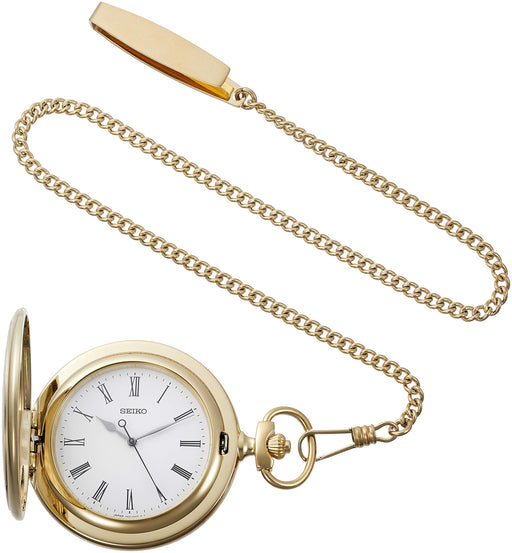 SEIKO pocket watch SAPQ008 gold case Roman numeral notation with lid and chain_1