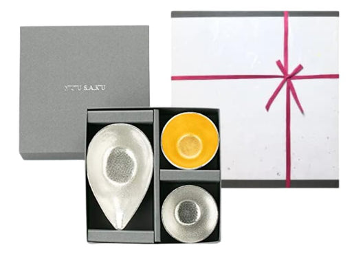 Nousaku Sake cup and katakuchi set of 3 Tin and Gold Japanese paper wrapping NEW_1