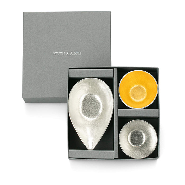 Nousaku Sake cup and katakuchi set of 3 Tin and Gold Japanese paper wrapping NEW_2