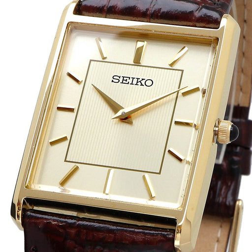SEIKO SWR064 Square Design Champagne Gold Dial x Brown Leather Band Watch Men's_2